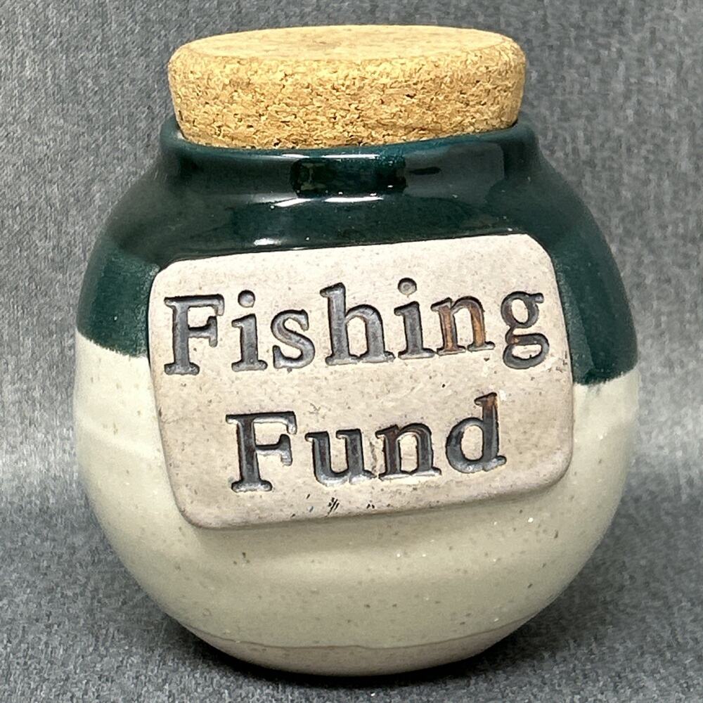 Tumbleweed Pottery Glazed Green Stoneware Fishing Fund Coin Bank Fathers Day